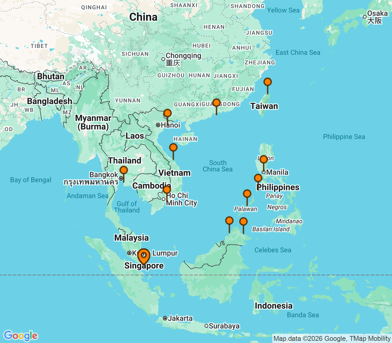 Harta itinerariu Croaziera 2027 - Asia (Orientul Indepartat) (Singapore) - Silversea Cruises - Silver Muse - 28 nopti