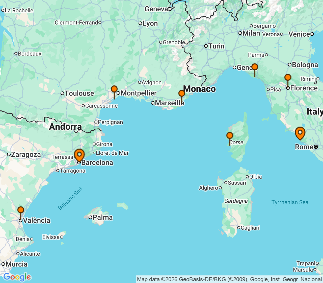 Harta itinerariu Croaziera 2027 - Mediterana (Barcelona, Spania) - Oceania Cruises - Allura - 7 nopti