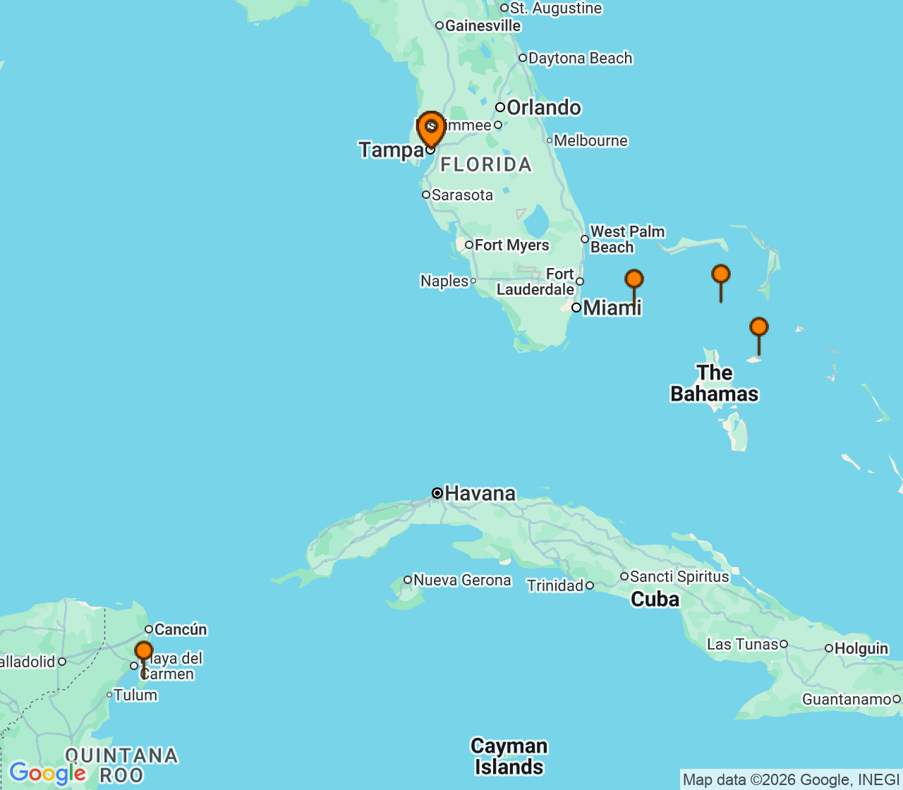 Harta itinerariu Croaziera 2026 - Caraibe si America Centrala (Tampa, FL) - Royal Caribbean Cruise Line - Enchantment of the Seas - 8 nopti