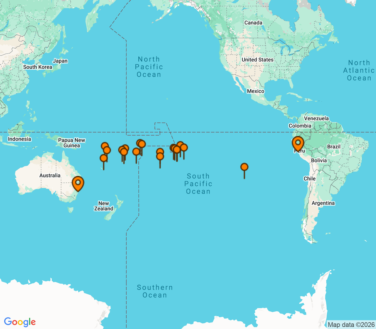Harta itinerariu Croaziera 2029 - Grand Voyage si Tematice (Lima (Callao), Peru) - Regent Seven Seas Cruises - Seven Seas Mariner - 39 nopti