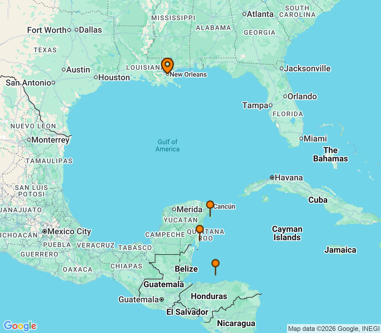 Harta itinerariu Croaziera 2027 - Caraibe si America Centrala (New Orleans, LA) - Royal Caribbean Cruise Line - Mariner of the Seas - 7 nopti