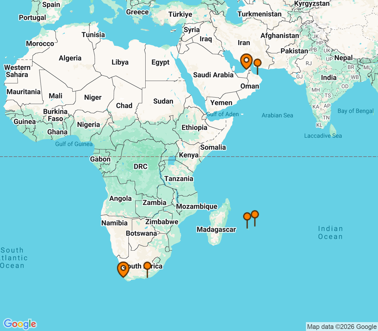 Harta itinerariu Croaziera 2027 - Repozitionare (Cape Town) - Aida Cruises - AIDAperla- 18 nopti
