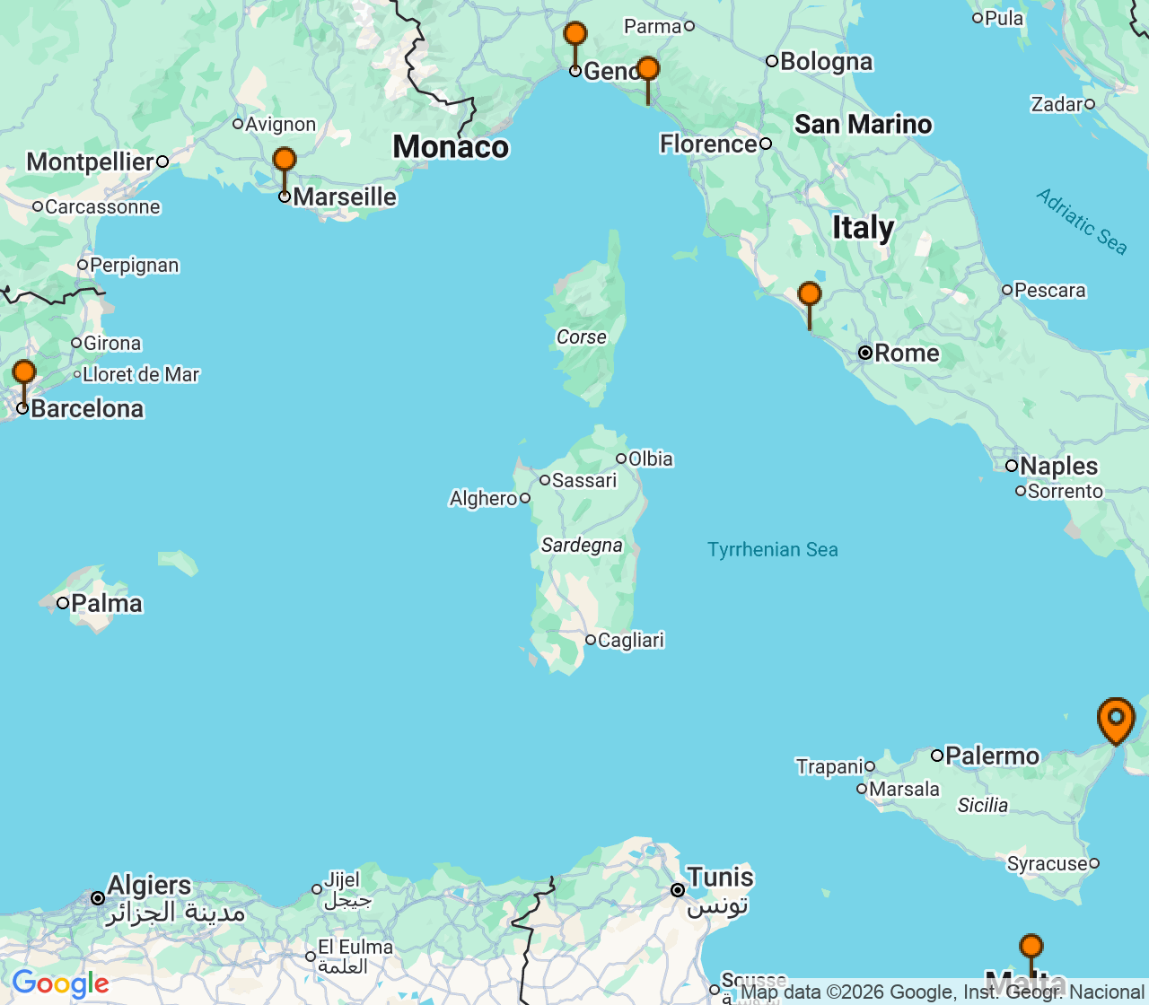 Harta itinerariu Croaziera 2028 - Mediterana (Messina, Sicilia, Italia) - MSC Cruises - MSC World Europa - 8 nopti