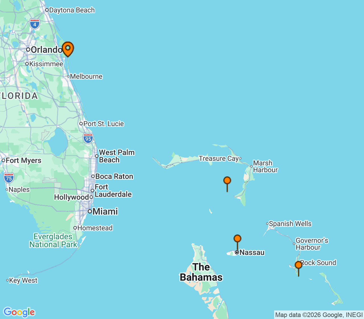 Harta itinerariu Croaziera 2026 - Caraibe si America Centrala (Port Canaveral, FL) - Disney Cruise Line - Disney Fantasy - 5 nopti