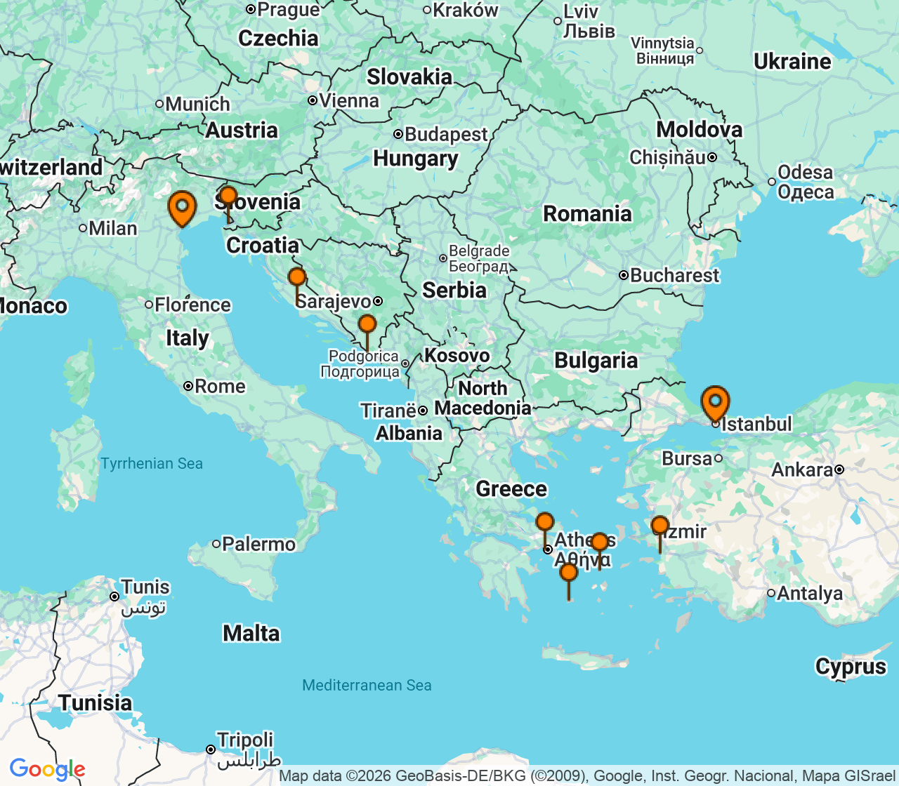 Harta itinerariu Croaziera 2028 - Mediterana (Venetia, Italia) - Regent Seven Seas Cruises - Seven Seas Explorer - 10 nopti