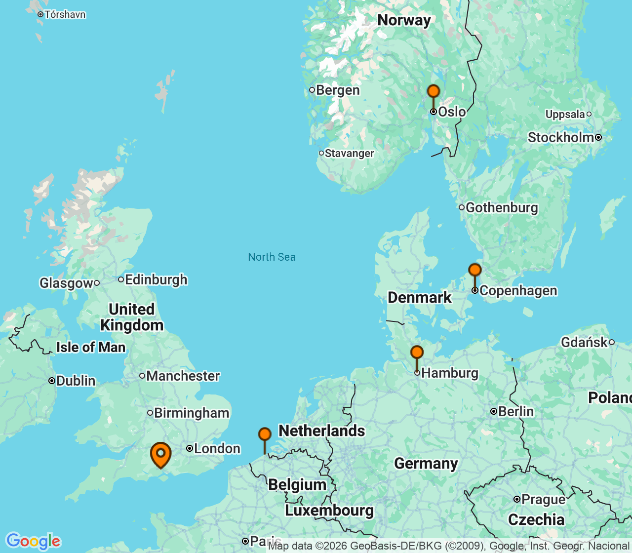 Harta itinerariu Croaziera 2027 - Europa de Nord (Southampton, Anglia) - Royal Caribbean Cruise Line - Freedom of the Seas - 8 nopti