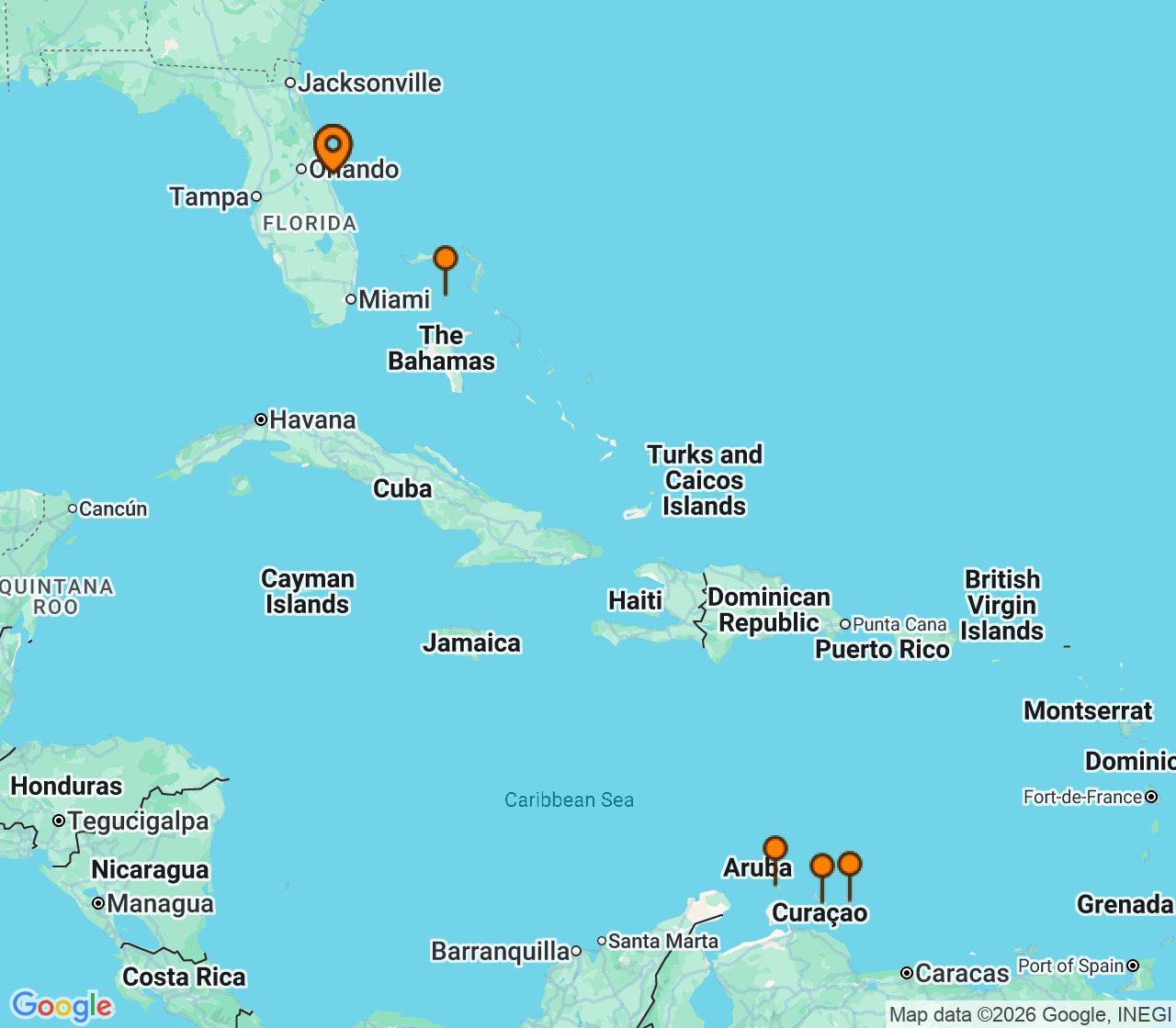Harta itinerariu Croaziera 2027 - Caraibe si America Centrala (Port Canaveral, FL) - Royal Caribbean Cruise Line - Adventure of the Seas - 9 nopti