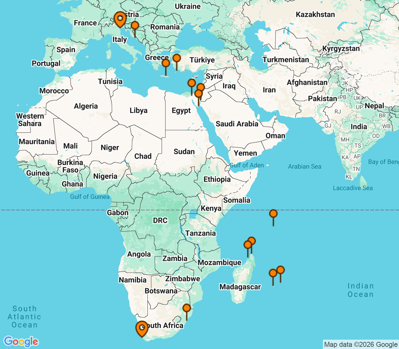 Harta itinerariu Croaziera 2027 - Repozitionari si Transoceanic (Cape Town, Africa de Sud) - MSC Cruises - MSC Armonia - 29 nopti