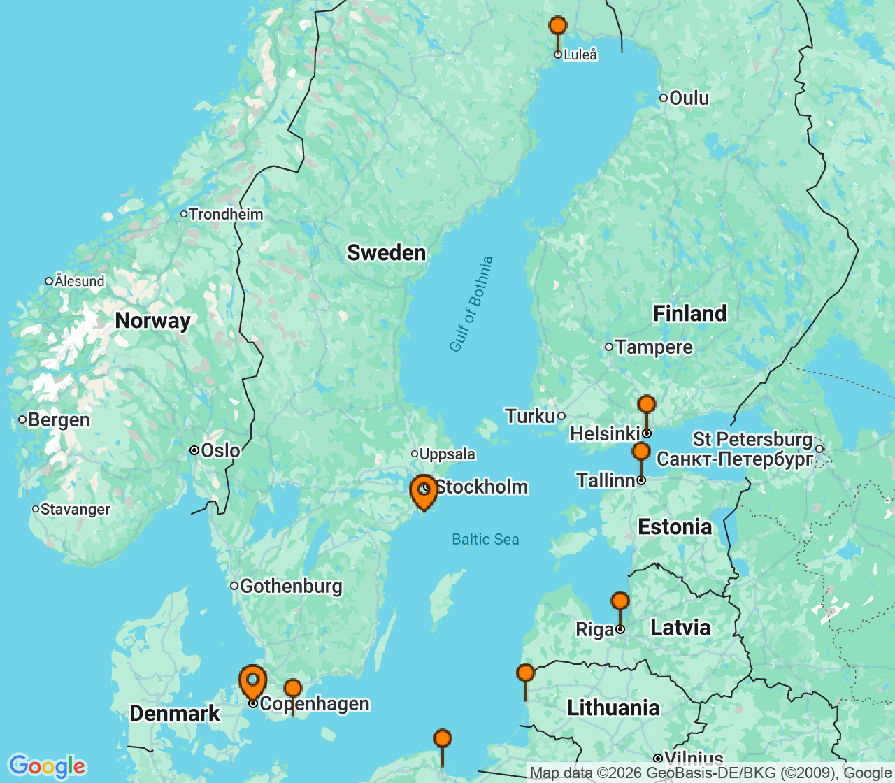Harta itinerariu Croaziera 2029 - Europa de Nord (Stockholm (Nynashamn), Suedia) - Seabourn - Seabourn Quest - 14 nopti