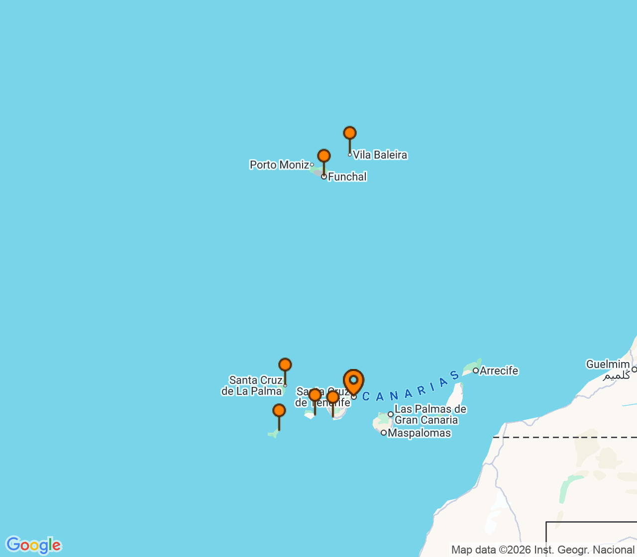 Harta itinerariu Croaziera 2027 - Mediterana (Santa Cruz de Tenerife, Insulele Canare) - Windstar Cruises - Wind Spirit - 10 nopti