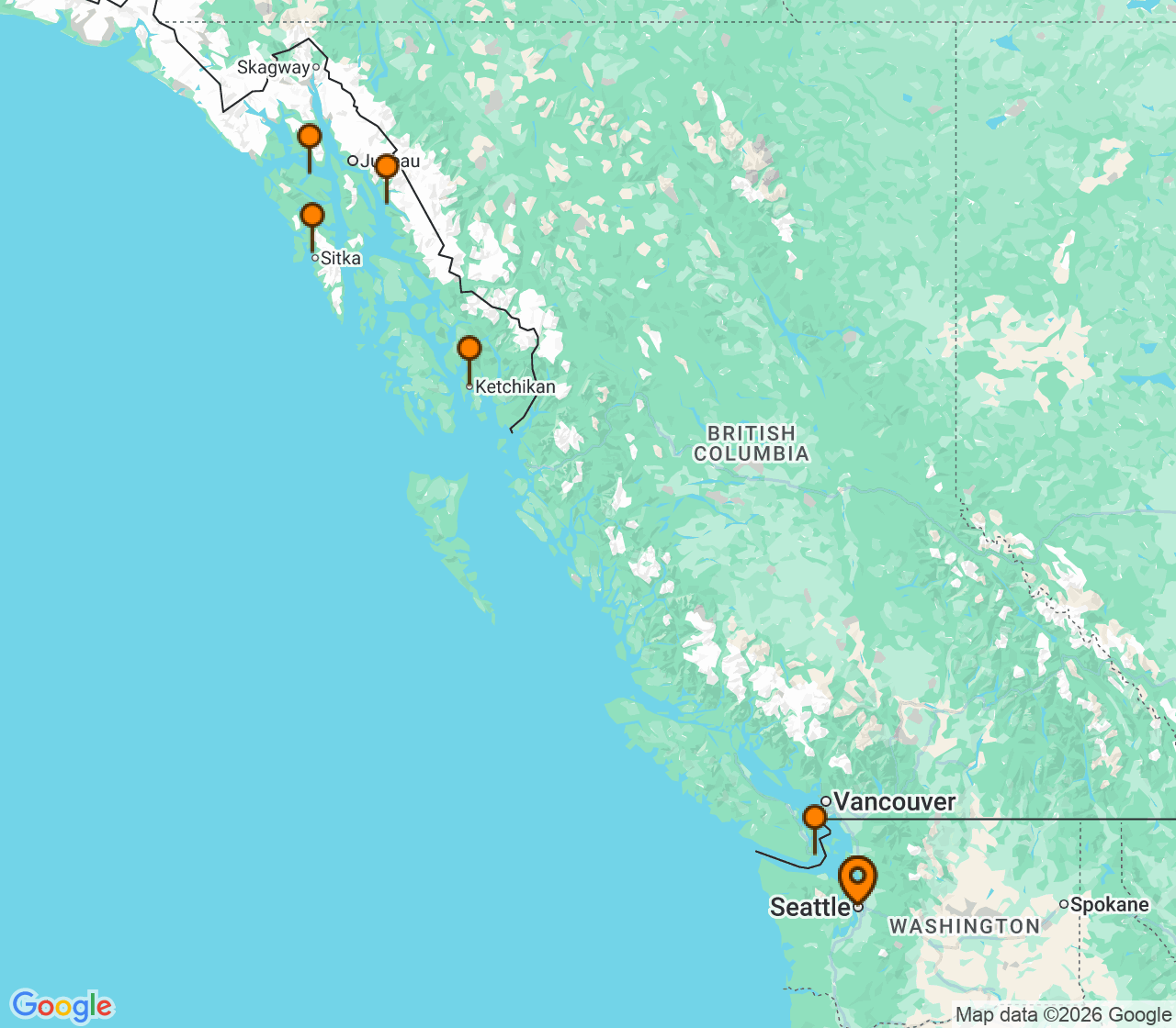 Harta itinerariu Croaziera 2028 - Alaska (Seattle, WA) - Norwegian Cruise Line - Norwegian Joy - 7 nopti