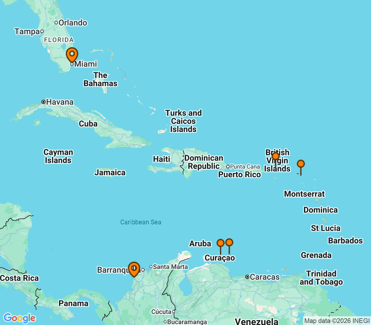 Harta itinerariu Croaziera 2028 - Caraibe si America Centrala (Miami, FL) - Silversea Cruises - Silver Shadow - 10 nopti