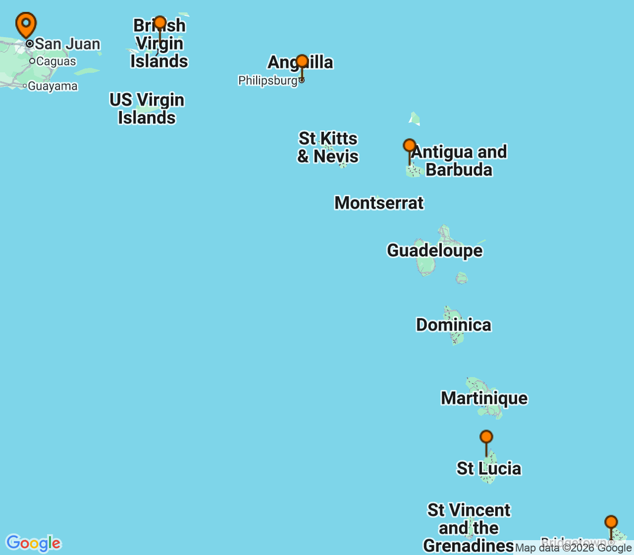 Harta itinerariu Croaziera 2027 - Caraibe si America Centrala (San Juan, Puerto Rico) - Virgin Voyages - Valiant Lady - 7 nopti