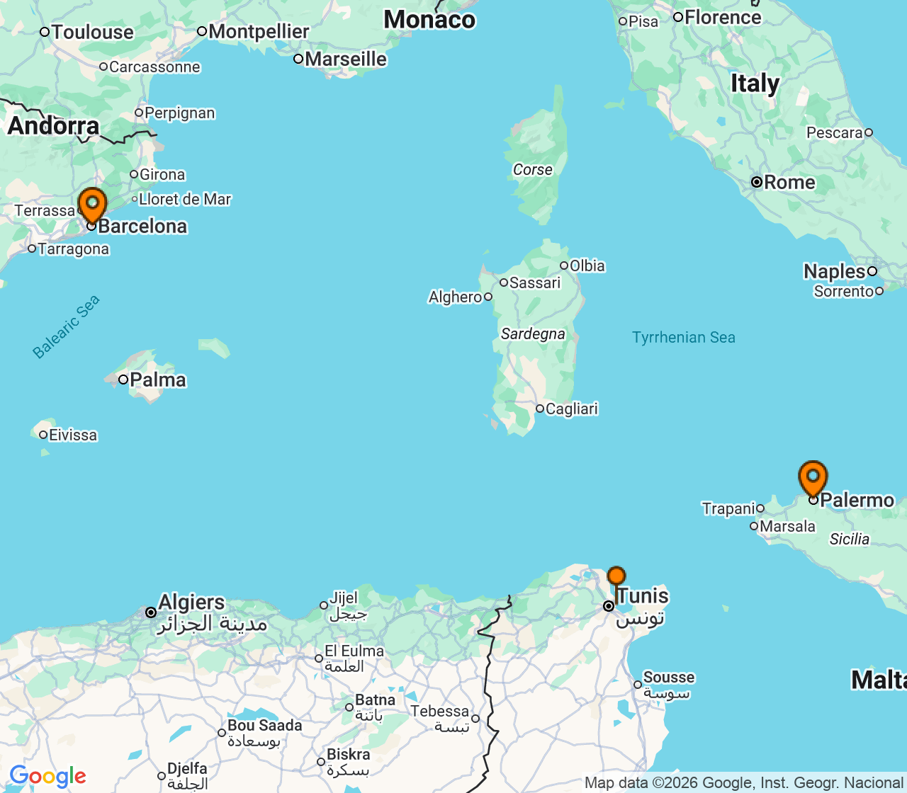 Harta itinerariu Croaziera 2027 - Mediterana (Palermo, Sicilia, Italia) - MSC Cruises - MSC Euribia - 3 nopti