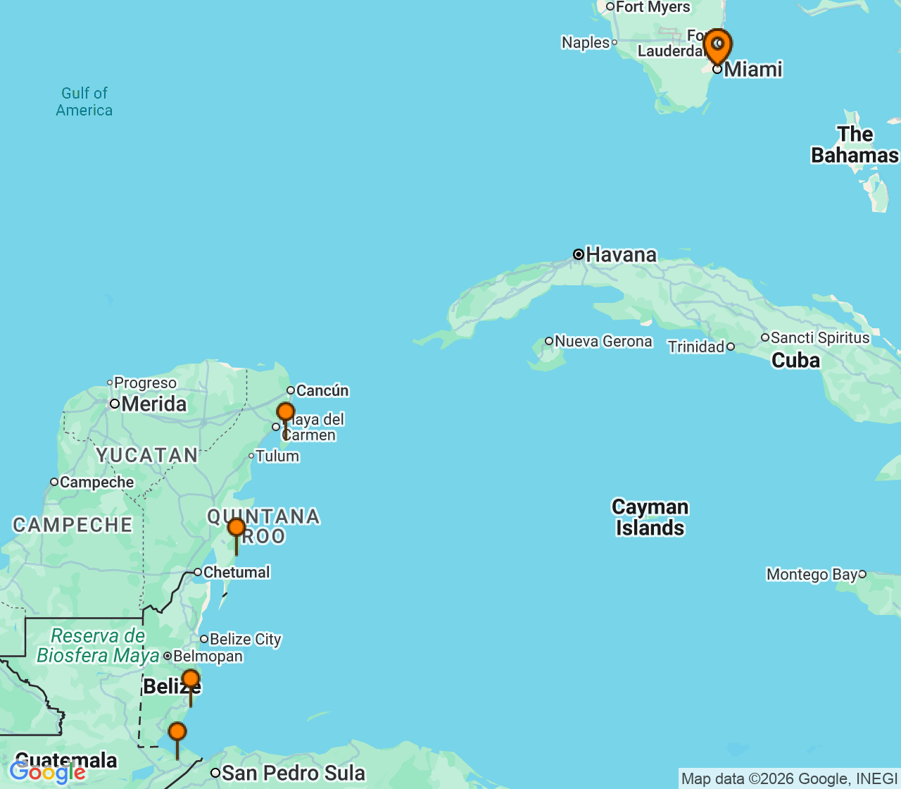 Harta itinerariu Croaziera 2027 - Caraibe si America Centrala (Miami, FL) - Oceania Cruises - Sirena - 7 nopti