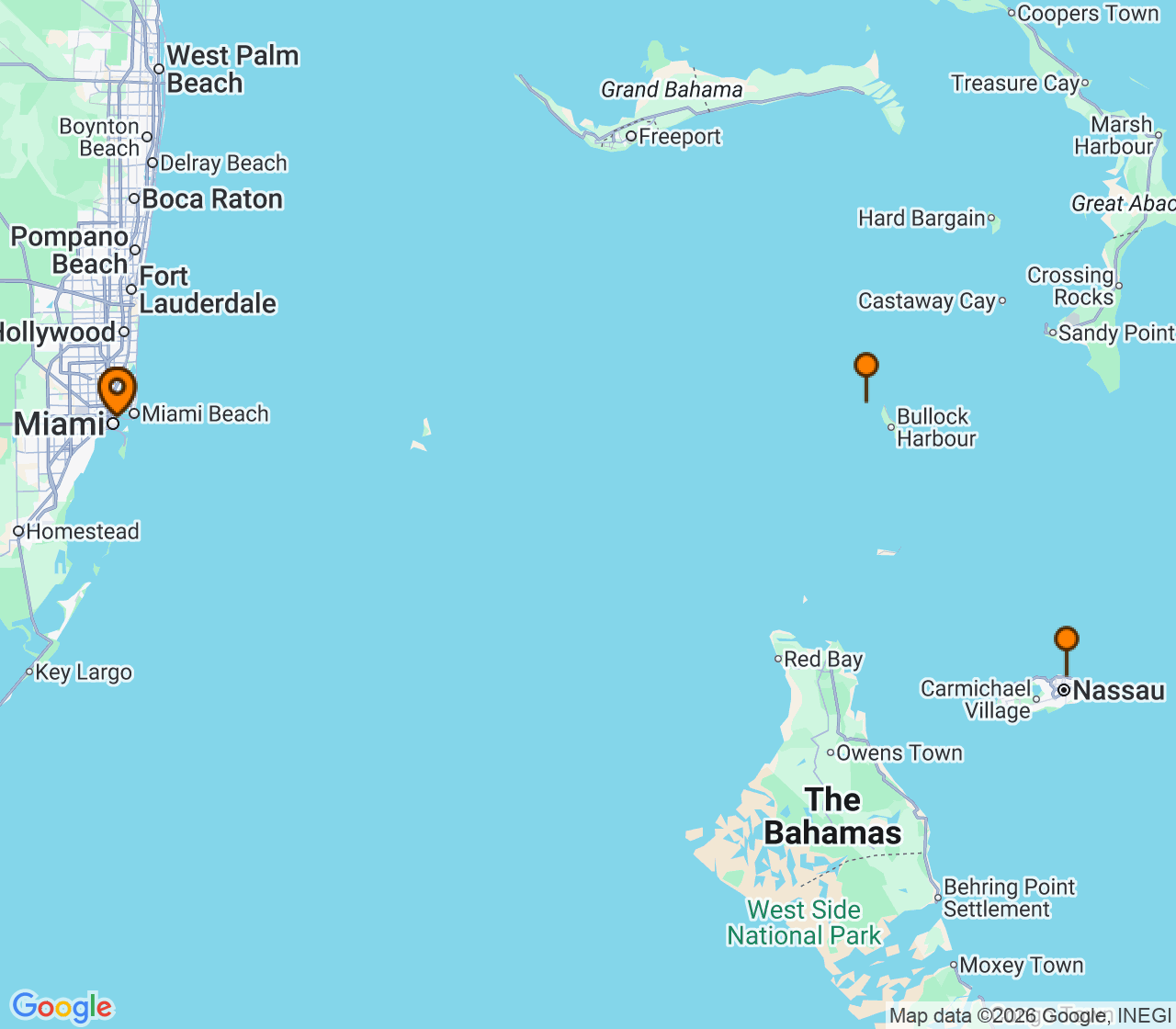 Harta itinerariu Croaziera 2027 - Caraibe si America Centrala (Miami, FL) - Royal Caribbean Cruise Line - Allure Of The Seas - 3 nopti
