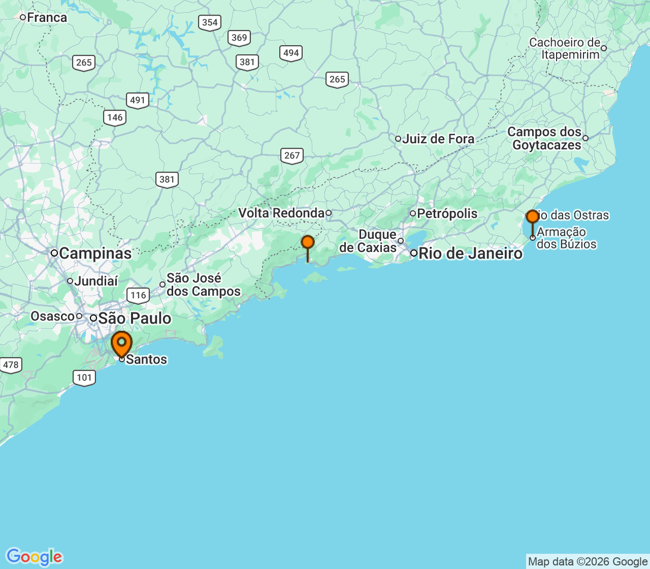 Harta itinerariu Croaziera 2026 - America de Sud (Santos, Brazilia) - MSC Cruises - MSC Divina - 3 nopti