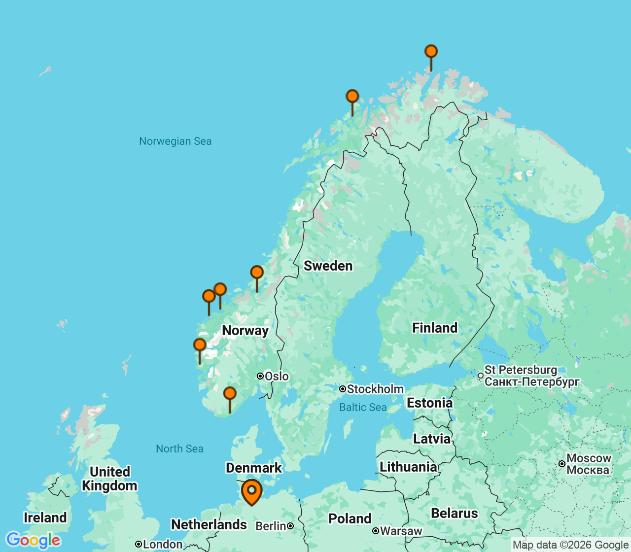 Harta itinerariu Croaziera 2027 - Europa de Nord (Hamburg, Germania) - MSC Cruises - MSC Preziosa - 12 nopti