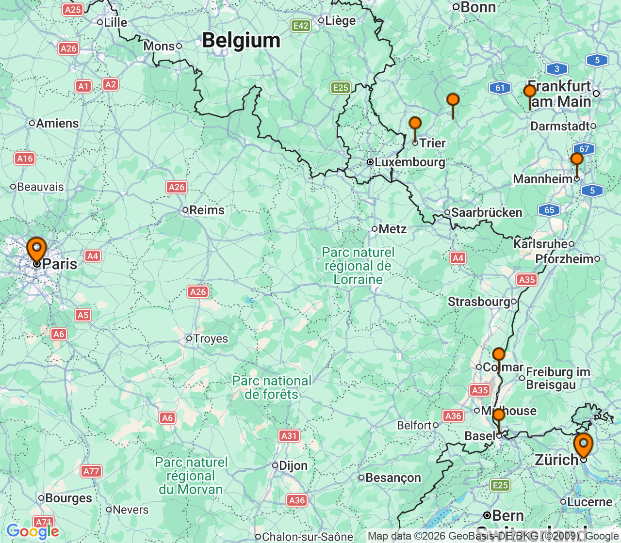 Harta itinerariu Croaziera 2028 - Europa de Nord (Zurich) - Uniworld River Cruises - S.S. Clara - 11 nopti