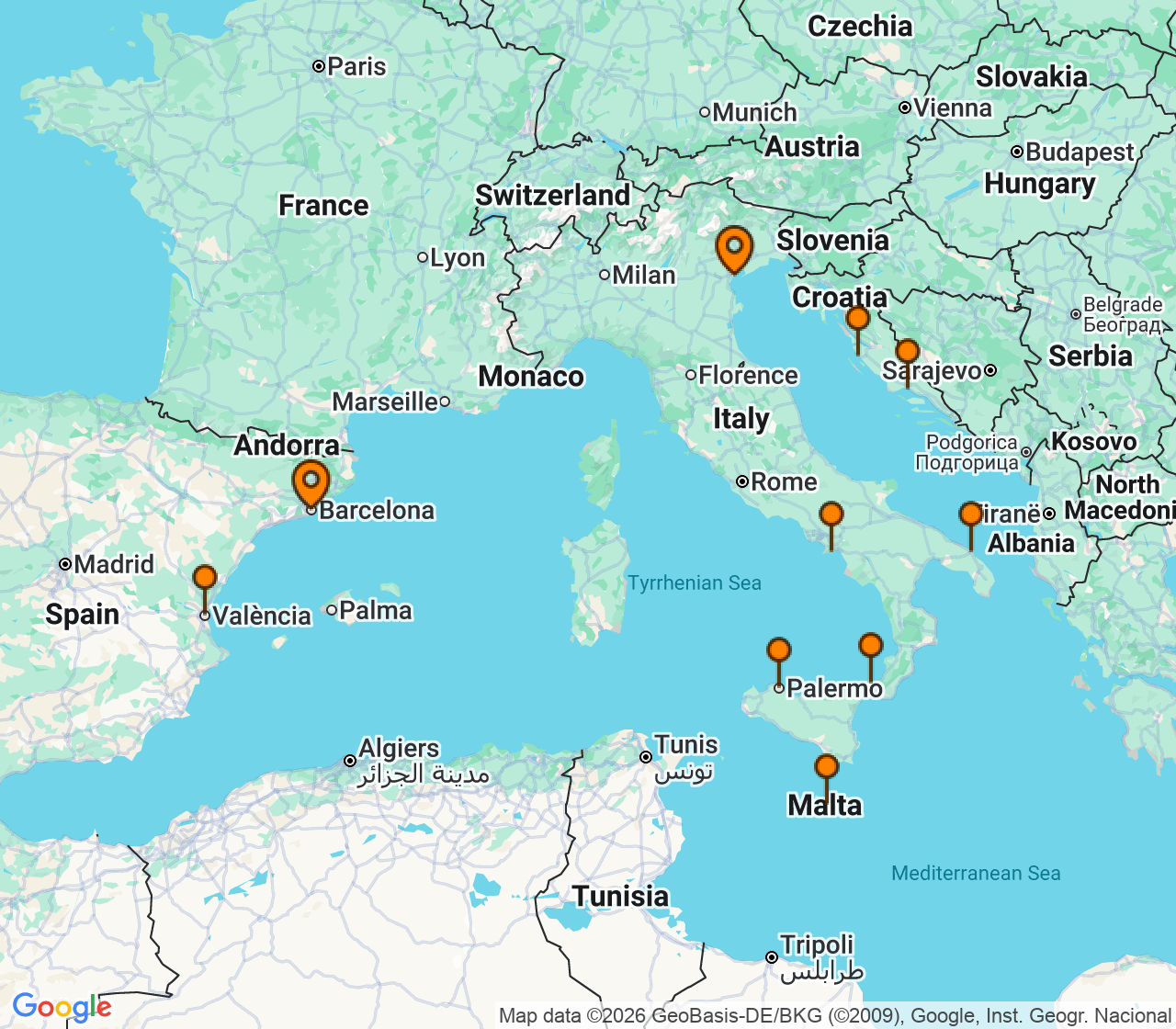Harta itinerariu Croaziera 2028 - Mediterana (Venetia, Italia) - Regent Seven Seas Cruises - Seven Seas Grandeur - 11 nopti