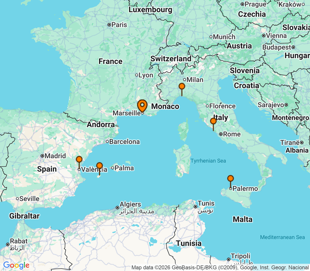 Harta itinerariu Croaziera 2027 - Mediterana (Marseille, Franta) - MSC Cruises - MSC Musica - 7 nopti