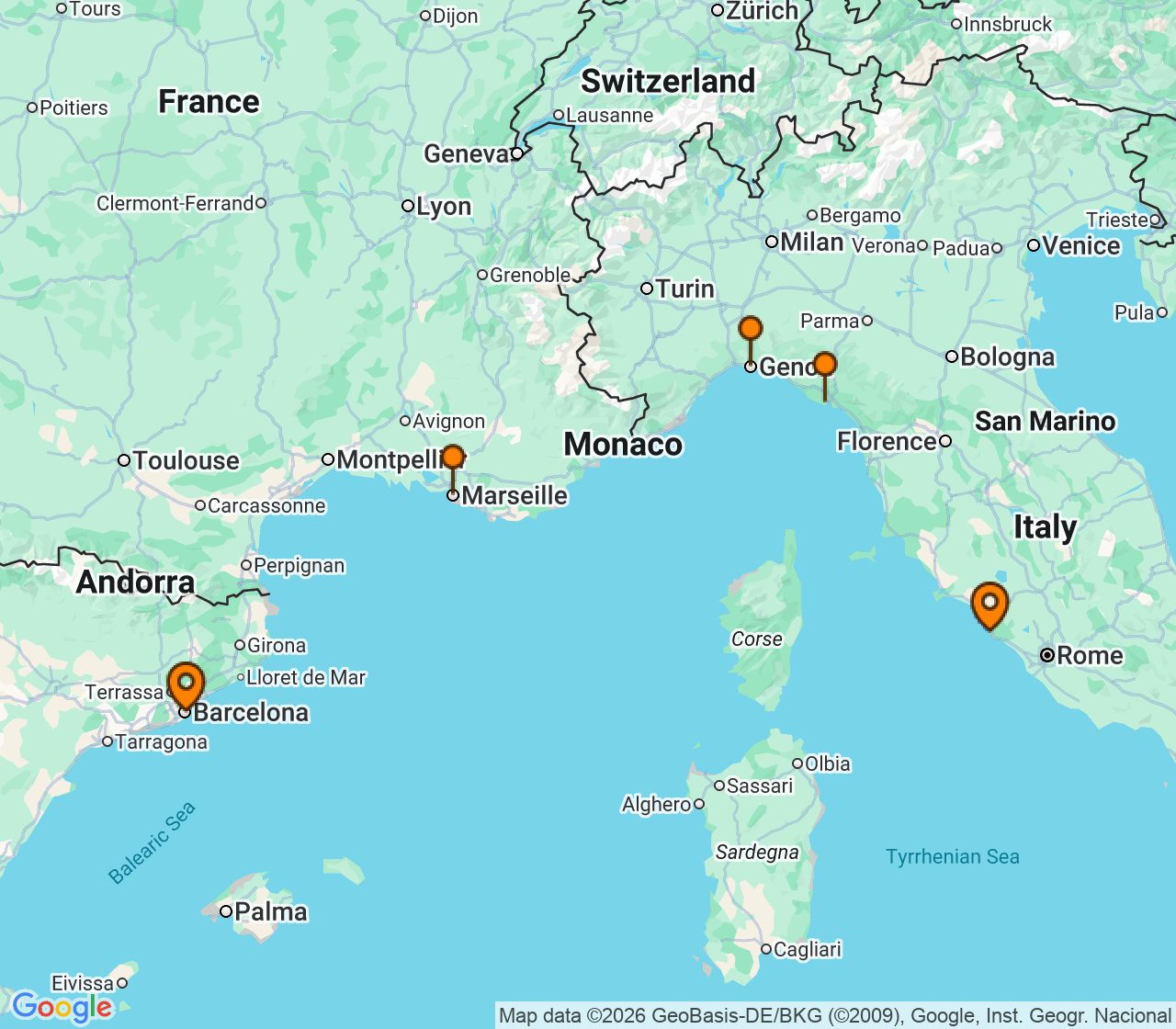Harta itinerariu Croaziera 2027 - Mediterana (Barcelona, Spania) - MSC Cruises - MSC World Europa - 4 nopti