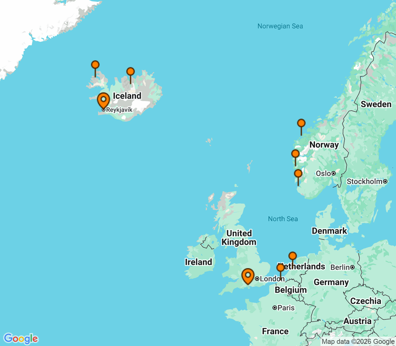 Harta itinerariu Croaziera 2028 - Europa de Nord (Southampton, Anglia) - Norwegian Cruise Line - Norwegian Getaway - 11 nopti