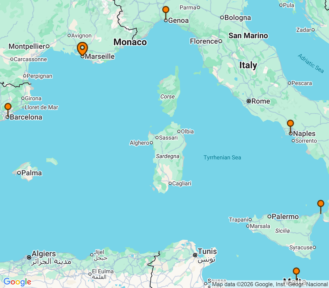 Harta itinerariu Croaziera 2026 - Mediterana (Marseille, Franta) - MSC Cruises - MSC World Europa - 7 nopti