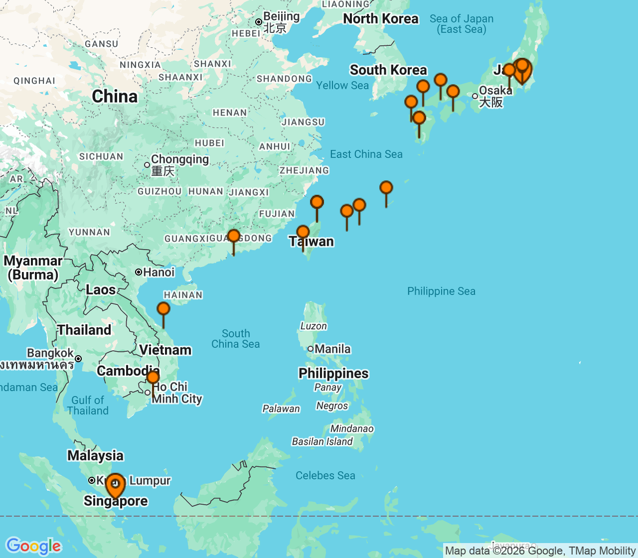 Harta itinerariu Croaziera 2028 - Asia (Orientul Indepartat) (Singapore) - Princess Cruises - Diamond Princess - 27 nopti