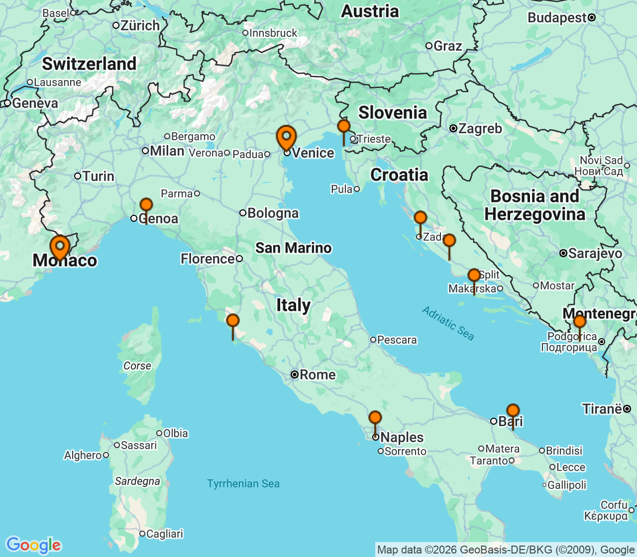 Harta itinerariu Croaziera 2028 - Mediterana (Venetia, Italia) - Silversea Cruises - Silver Shadow - 12 nopti