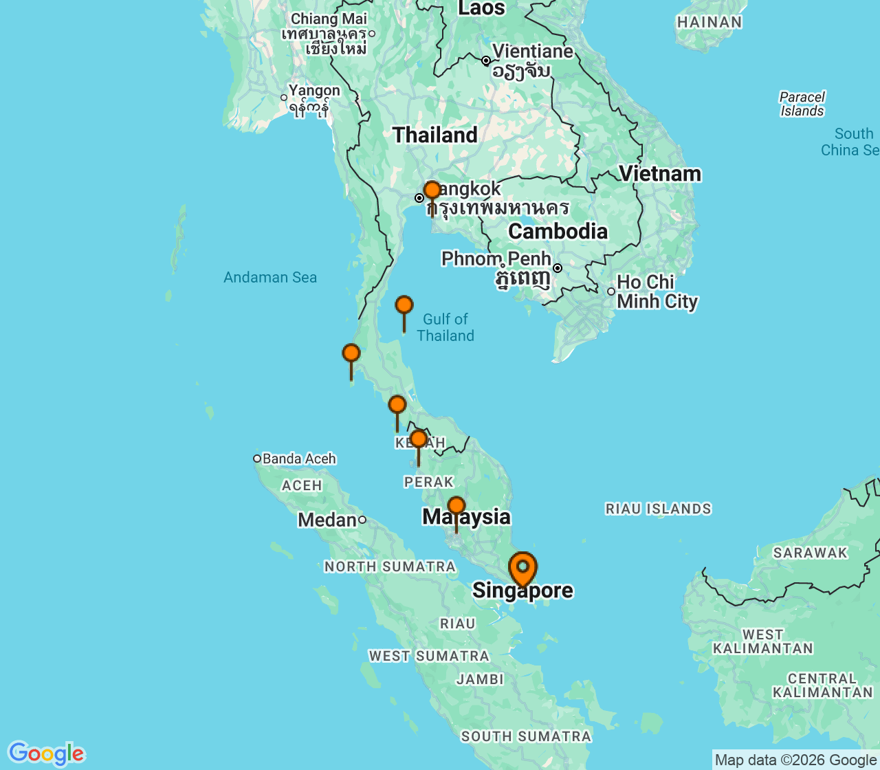 Harta itinerariu Croaziera 2027 - Asia (Orientul Indepartat) (Singapore) - Princess Cruises - Diamond Princess - 12 nopti