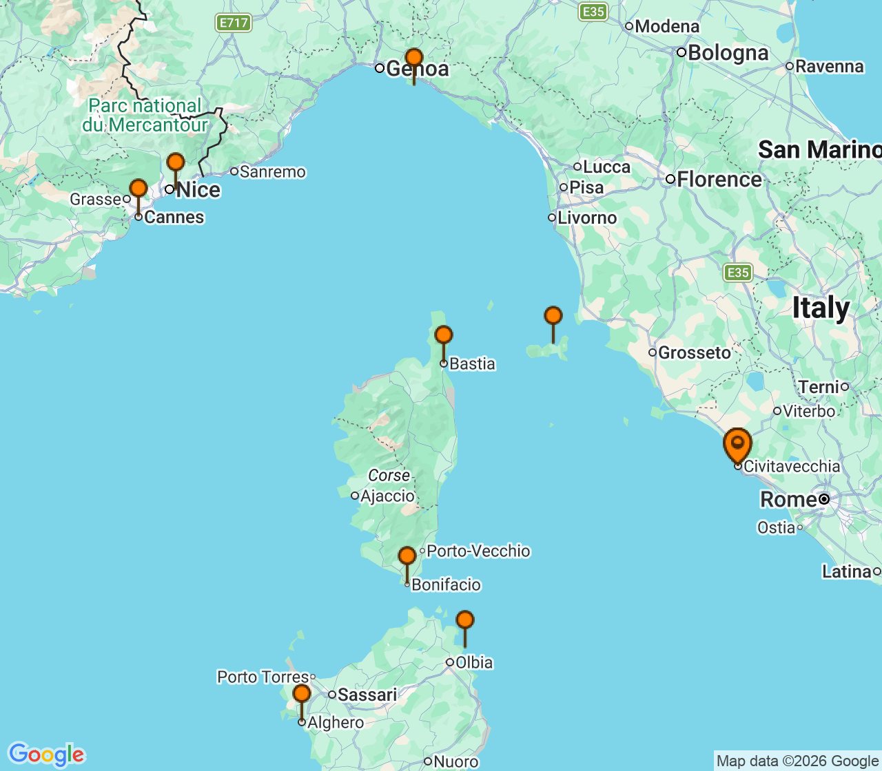 Harta itinerariu Croaziera 2028 - Mediterana (Roma (Civitavecchia), Italia) - Windstar Cruises - Wind Spirit - 11 nopti