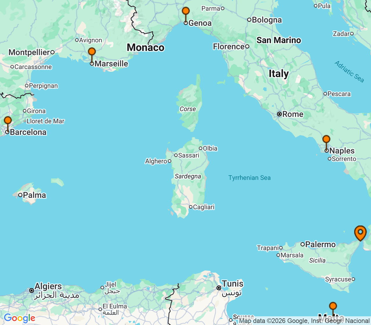 Harta itinerariu Croaziera 2027 - Mediterana (Messina, Sicilia, Italia) - MSC Cruises - MSC World Asia - 7 nopti