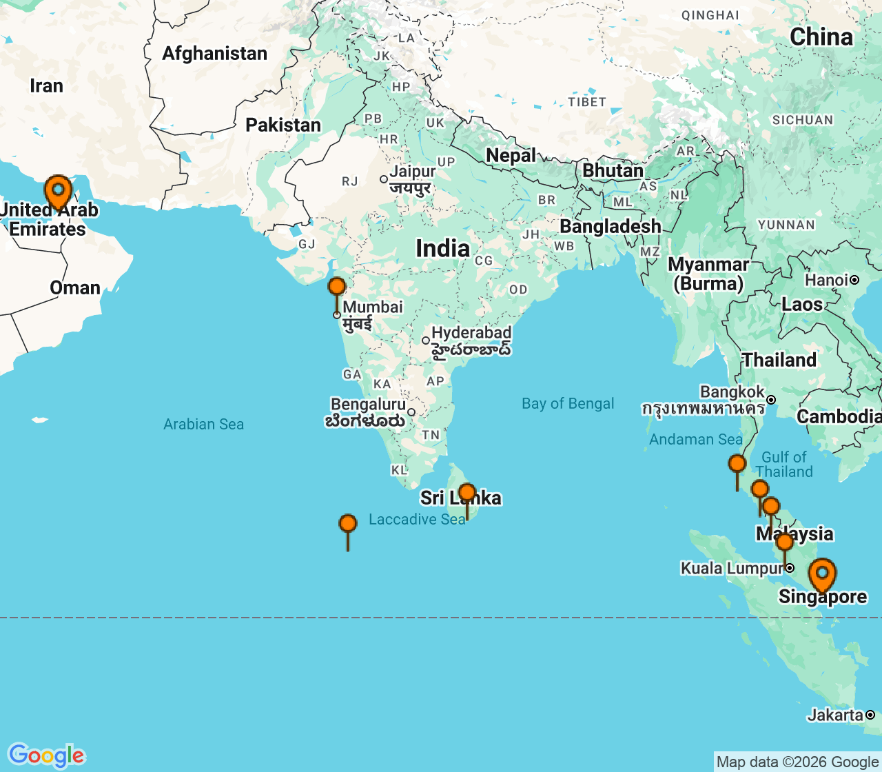 Harta itinerariu Croaziera 2029 - Grand Voyage si Tematice (Singapore) - Regent Seven Seas Cruises - Seven Seas Mariner - 18 nopti