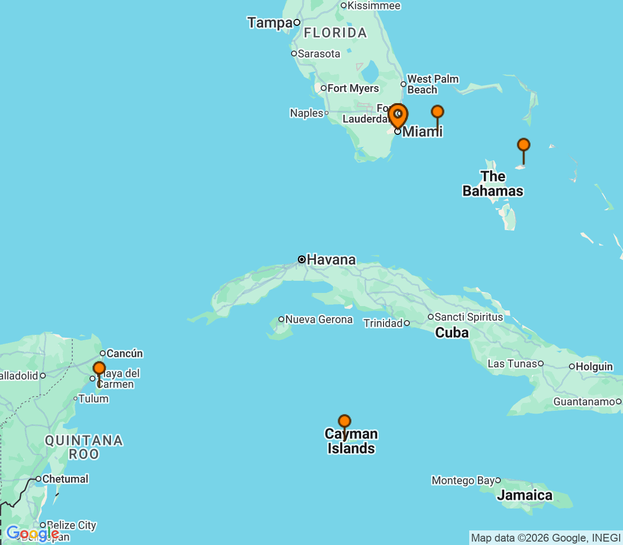 Harta itinerariu Croaziera 2026 - Caraibe si America Centrala (Miami, FL) - Celebrity Cruises - Celebrity Xcel - 7 nopti