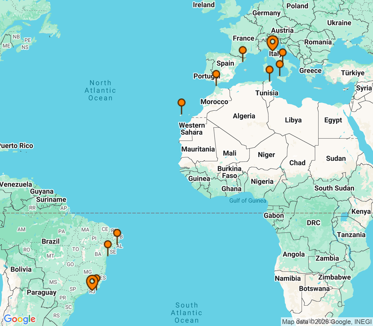 Harta itinerariu Croaziera 2028 - Repozitionari si Transoceanic (Rio de Janeiro, Brazilia) - MSC Cruises - MSC Virtuosa - 21 nopti