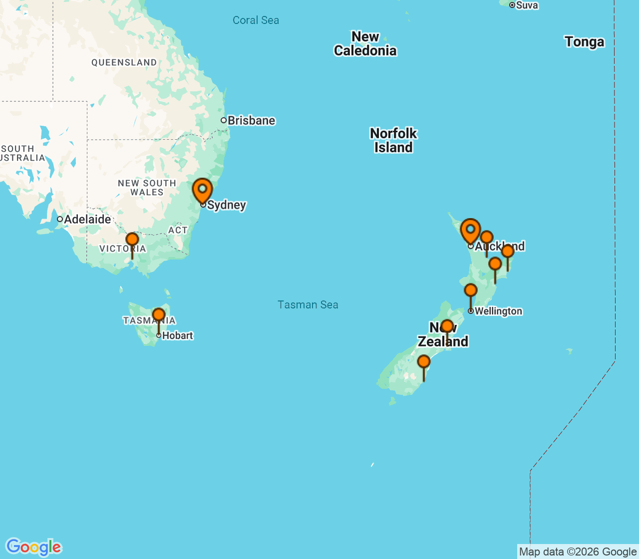 Harta itinerariu Croaziera 2029 - Australia si Noua Zeelanda (Sydney, Australia) - Oceania Cruises - Marina - 14 nopti
