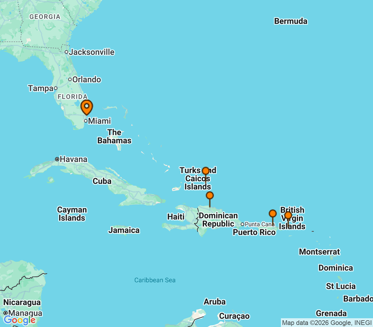 Harta itinerariu Croaziera 2028 - Caraibe si America Centrala (Fort Lauderdale, Florida) - Celebrity Cruises - Celebrity Summit - 8 nopti