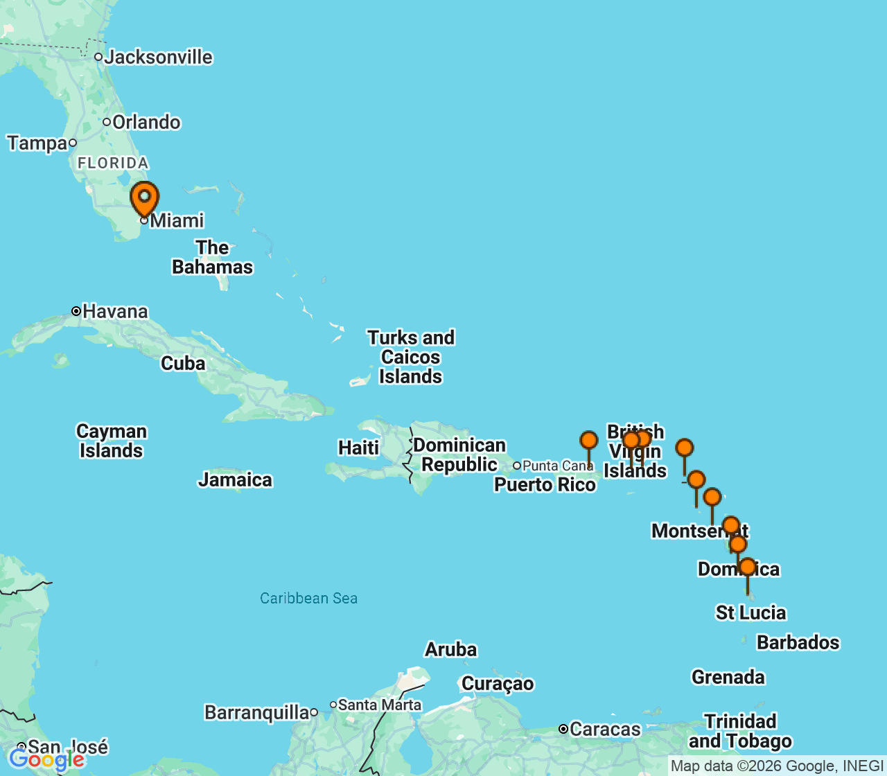 Harta itinerariu Croaziera 2026 - Caraibe si America Centrala (Miami, FL) - Seabourn - Seabourn Quest - 14 nopti