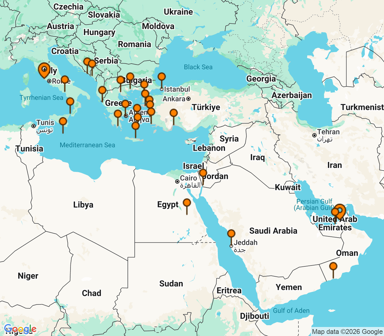 Harta itinerariu Croaziera 2028 -  (Dubai, Emiratele Arabe Unite) - Oceania Cruises - Vista - 38 nopti