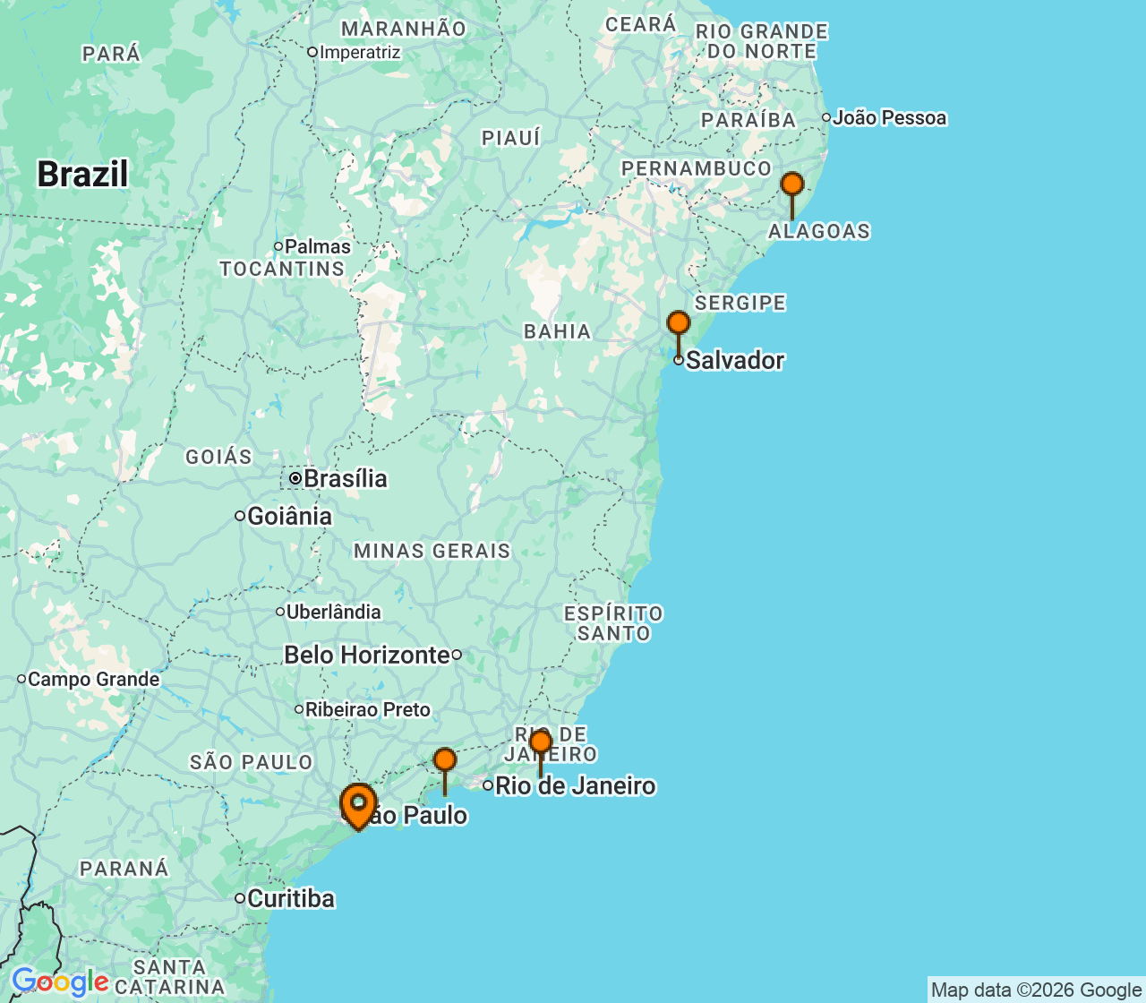 Harta itinerariu Croaziera 2027 - America de Sud (Santos, Brazilia) - MSC Cruises - MSC Virtuosa - 8 nopti