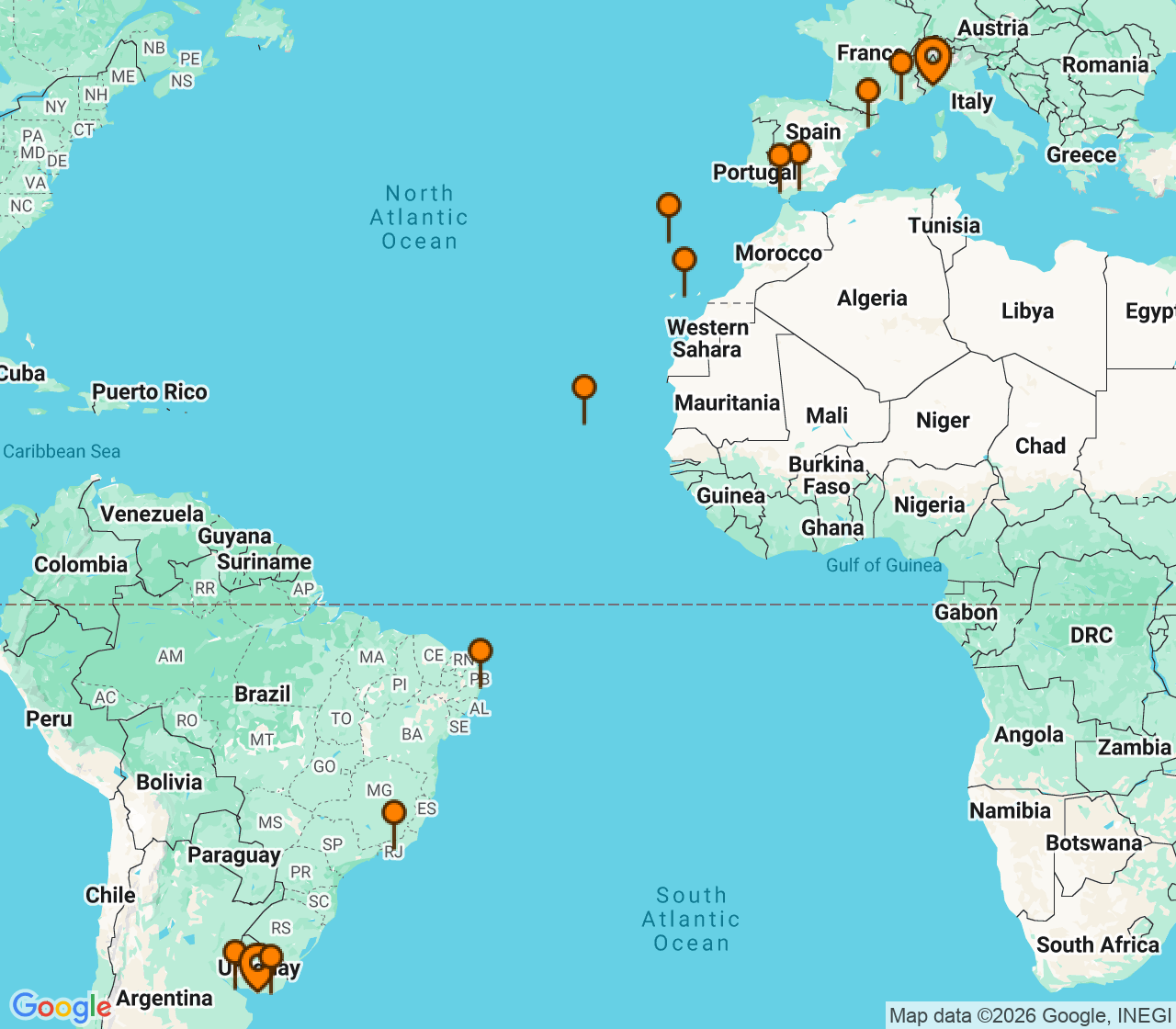 Harta itinerariu Croaziera 2027 - Repozitionari si Transoceanic (Montevideo, Uruguay) - Costa Cruises - Costa Serena - 25 nopti