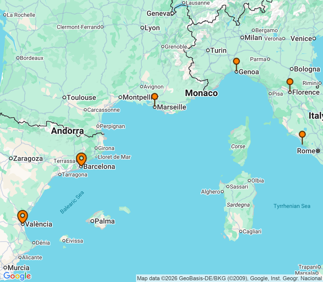 Harta itinerariu Croaziera 2027 - Mediterana (Barcelona, Spania) - MSC Cruises - MSC Sinfonia - 6 nopti