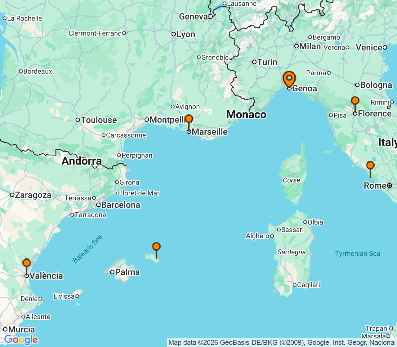 Harta itinerariu Croaziera 2027 - Mediterana (Genova, Italia) - MSC Cruises - MSC Sinfonia - 7 nopti
