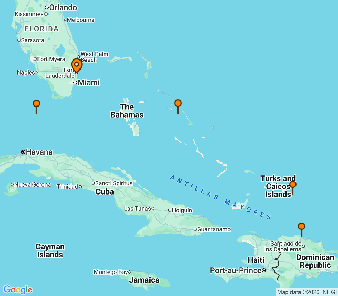 Harta itinerariu Croaziera 2027 - Caraibe si America Centrala (Fort Lauderdale, Florida) - Holland America Line - Eurodam - 7 nopti