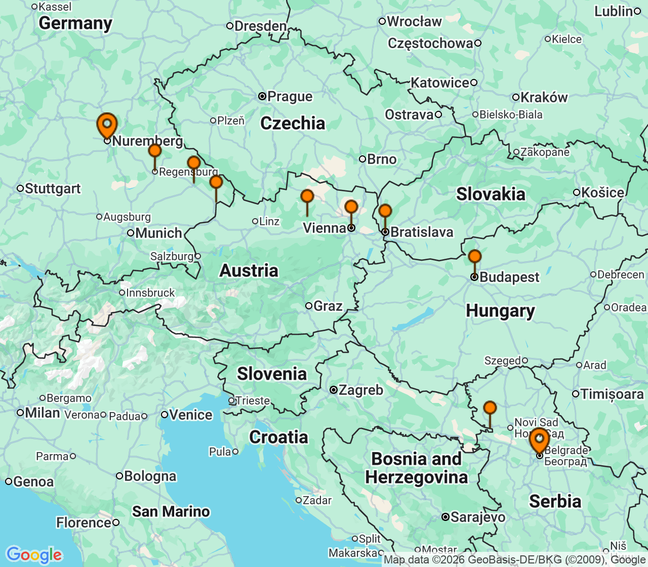 Harta itinerariu Croaziera 2028 - Europa de Nord (Belgrad, Serbia) - Uniworld River Cruises - S.S. Helen - 14 nopti