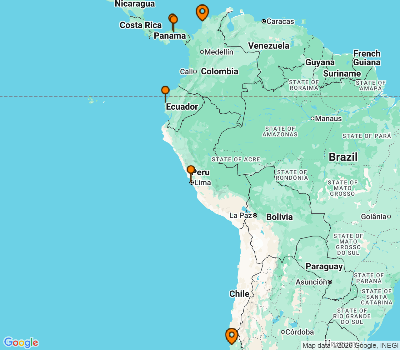 Harta itinerariu Croaziera 2028 - America de Sud (Cartagena, Columbia) - Silversea Cruises - Silver Shadow - 14 nopti