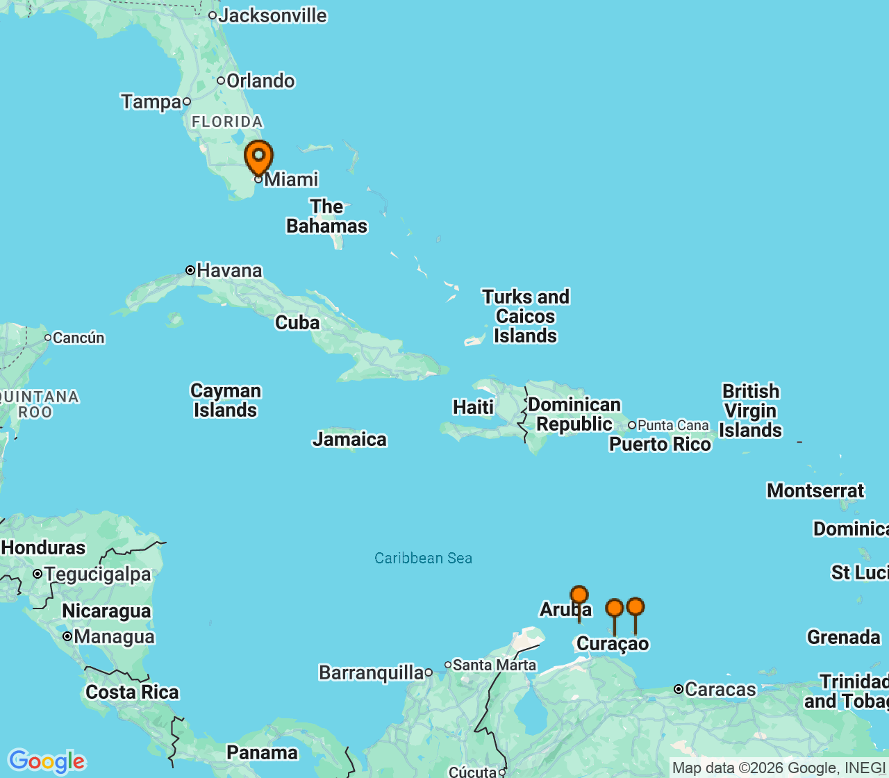 Harta itinerariu Croaziera 2027 - Caraibe si America Centrala (Miami, FL) - Celebrity Cruises - Celebrity Beyond - 8 nopti