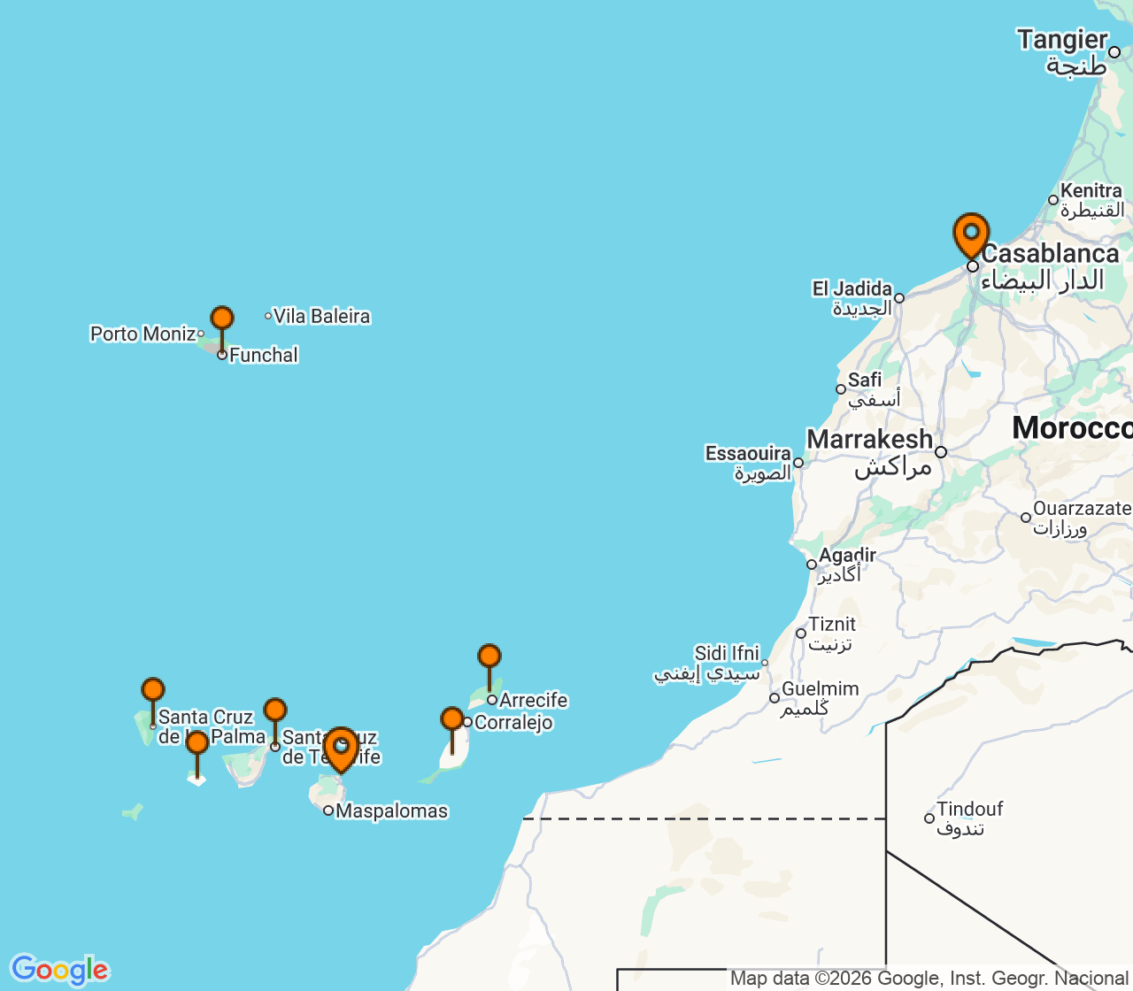 Harta itinerariu Croaziera 2027 - Europa de Nord (Las Palmas, Insulele Canare) - Ponant - Le Boreal - 10 nopti