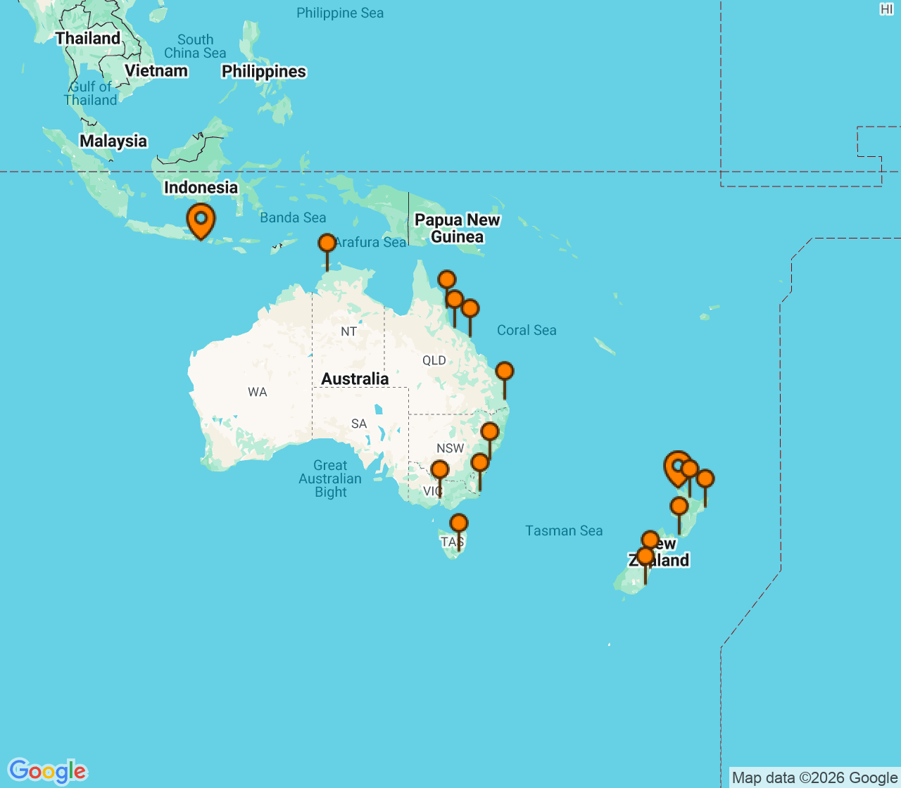 Harta itinerariu Croaziera 2029 - Grand Voyage si Tematice (Auckland, Noua Zeelanda) - Oceania Cruises - Marina - 28 nopti